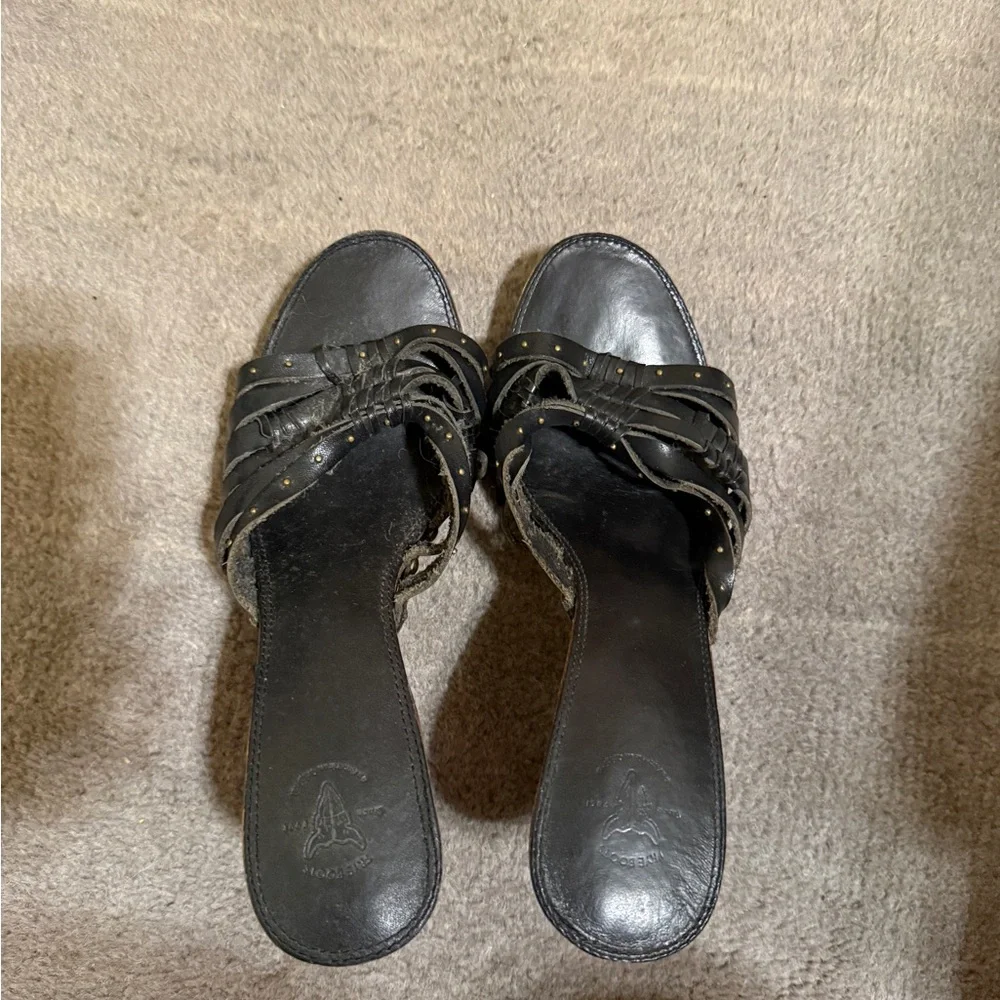 Frye Platform Leather & Wood Slide Sandals Women’s 7 Black Brown